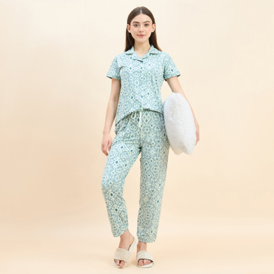 SWEET DREAMS Women Geometric Print Green Top & Pyjama Set