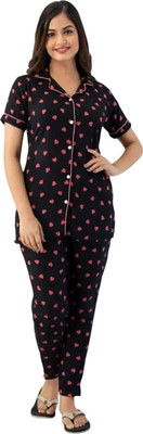 NF TOPS Women Printed Black, Pink Top & Pyjama Set