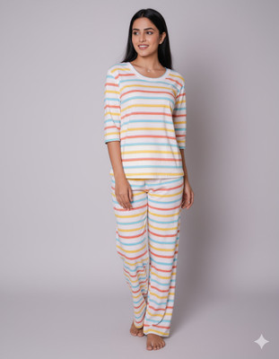 Mizan Trendz Women Striped White, Yellow, Red, Blue Top & Pyjama Set