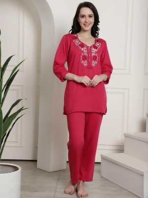 Secret Wish Women Embroidered Pink Top & Pyjama Set