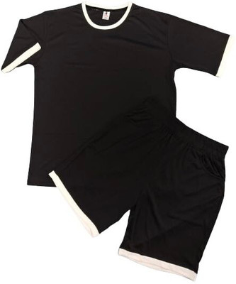 BALUDACLOTHS Men Self Design Black Top & Shorts Set