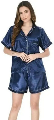 Vd hub Women Solid Dark Blue Night Suit Set