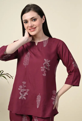Soor Panchi Women Embellished Maroon Night Suit Set
