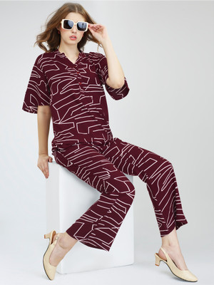 ZEYO Women Printed Brown Top & Pyjama Set
