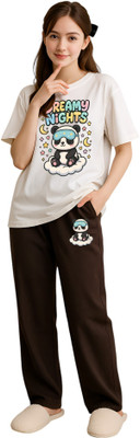 Shonisha Women Printed Brown, White Top & Pyjama Set