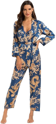 TASN Women Floral Print Blue Night Suit Set