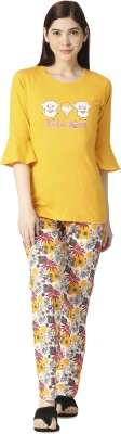 zebu Women Printed, Solid Yellow Top & Pyjama Set