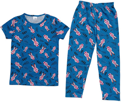 KANNIMAR Girls Printed Light Blue Night Suit Set