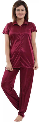 Cotovia Women Solid Maroon Shirt & Pyjama set
