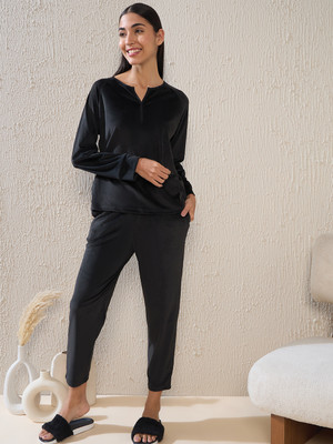 SWEET DREAMS Women Solid Black Top & Pyjama Set