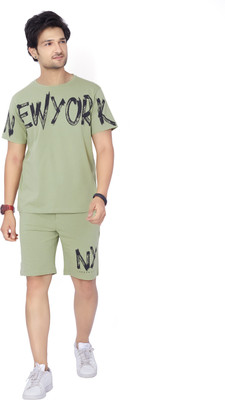 WEET Men Printed Light Green Top & Shorts Set