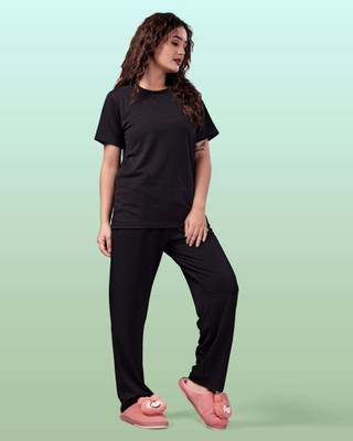 SAKARMAA Women Solid Black Top & Pyjama Set