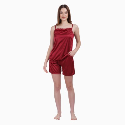 Breezly Women Solid Maroon Night Suit Set