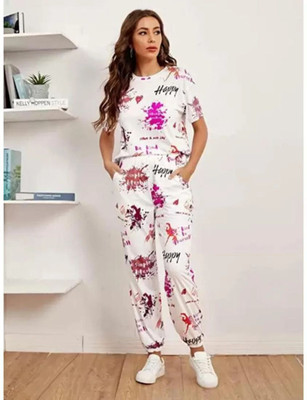 HouseOfCommon Women Printed Pink, White Night Suit Set