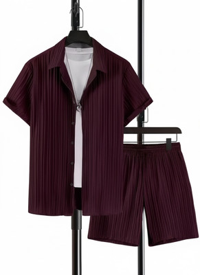 GLORI STAR Men Striped Maroon Night Suit Set