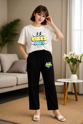 Elvia Women Printed Black Top & Pyjama Set