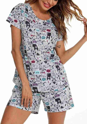 HouseOfCommon Women Printed Grey Night Suit Set