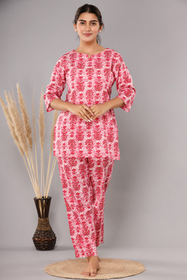 hustle bustle Women Floral Print Red Night Suit Set