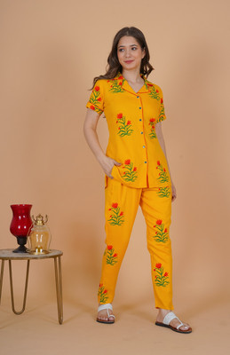 METRONAUT Women Printed Yellow Night Suit Set