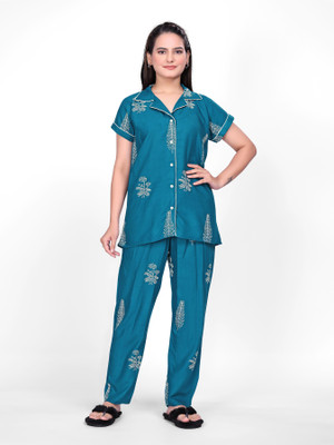 jashprint Women Printed Blue Shirt & Pyjama set
