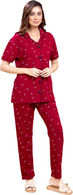 Presta Women Printed Red Night Suit Set
