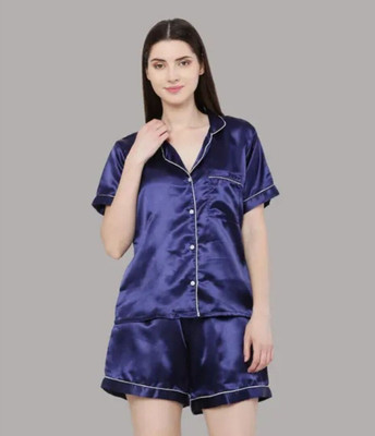 Vd hub Women Solid Dark Blue Night Suit Set