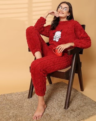 TIARO Women Embroidered Maroon Top & Pyjama Set
