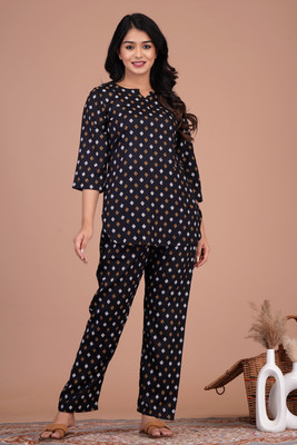 FROEBEL Women Geometric Print Black Night Suit Set