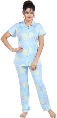 Qunity Women Printed Light Blue Night Suit Set