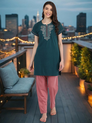 HouseOfCommon Women Embroidered Green Night Suit Set