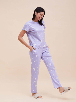 HouseOfCommon Women Printed Purple, White Night Suit Set