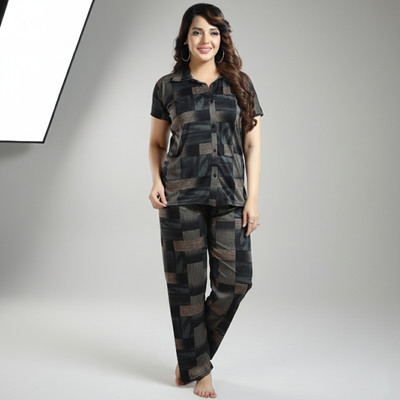 Sleepify Women Abstract Brown Night Suit Set