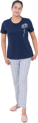 MAZMUN Women Printed Blue, White Night Suit Set