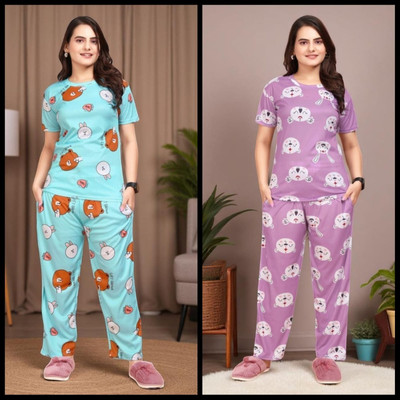 FASHION GREAB Women Printed Pink Top & Pyjama Set