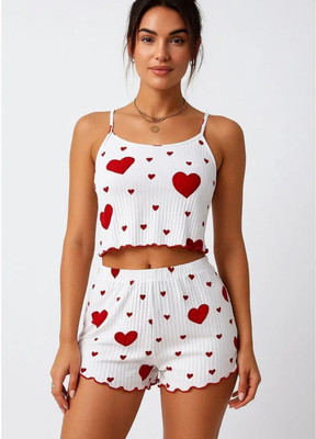 JustforWoow Girls Printed White, Red Top & Shorts Set