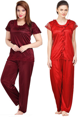 ROWENA Women Solid Maroon, Brown Top & Pyjama Set
