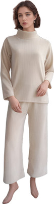FABLUSH Women Self Design Beige Night Suit Set