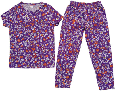 KANNIMAR Girls Printed Purple Night Suit Set