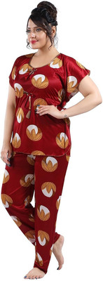 Color Magic Women Printed Maroon Night Suit Set