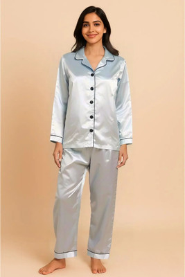 G-KA Women Solid Light Blue Night Suit Set