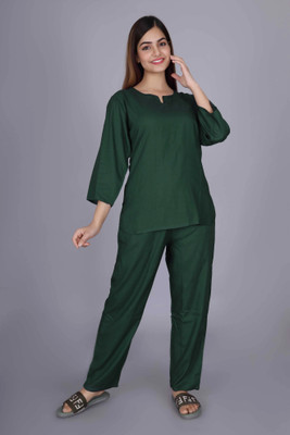 TUHINZIFAB Women Solid Green Night Suit Set