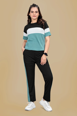 SAKARMAA Women Colorblock Black, Blue Top & Pyjama Set