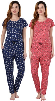 Fabme Women Printed Blue, Pink Top & Pyjama Set