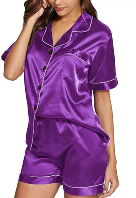 Vd hub Women Solid Purple Night Suit Set