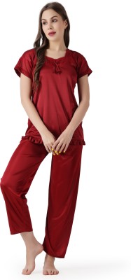 Cotovia Women Solid Maroon Top & Pyjama Set