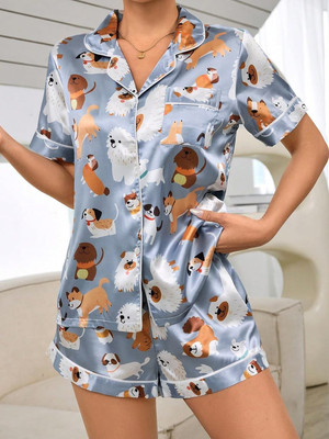 RioDebella Women Abstract Grey Night Suit Set