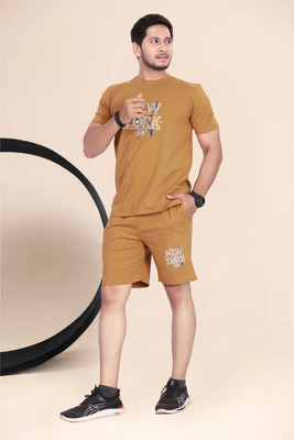 DivRa Clothing Men Solid Brown Top & Shorts Set