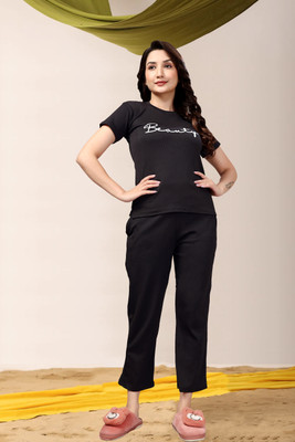 ZEEMBOOLI Women Printed Black Top & Pyjama Set