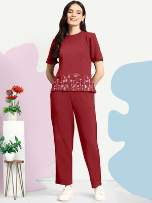 BelleBird Women Printed Maroon Night Suit Set