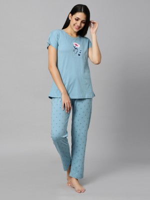 DZZO Women Printed Blue Top & Pyjama Set